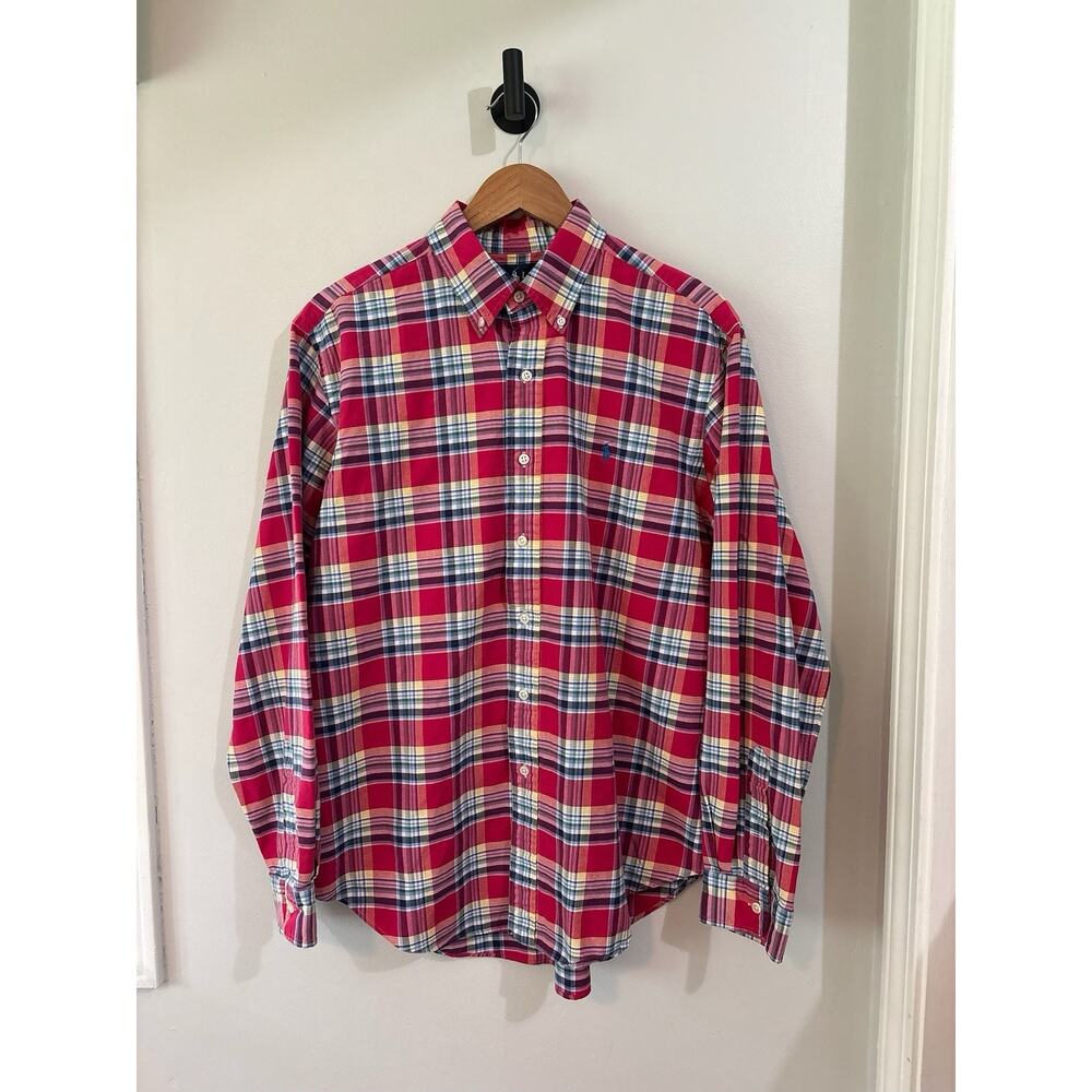 Vintage Ralph Lauren Mens Deep Pink & Plaid Button-Down Shirt Long Sleeve Large